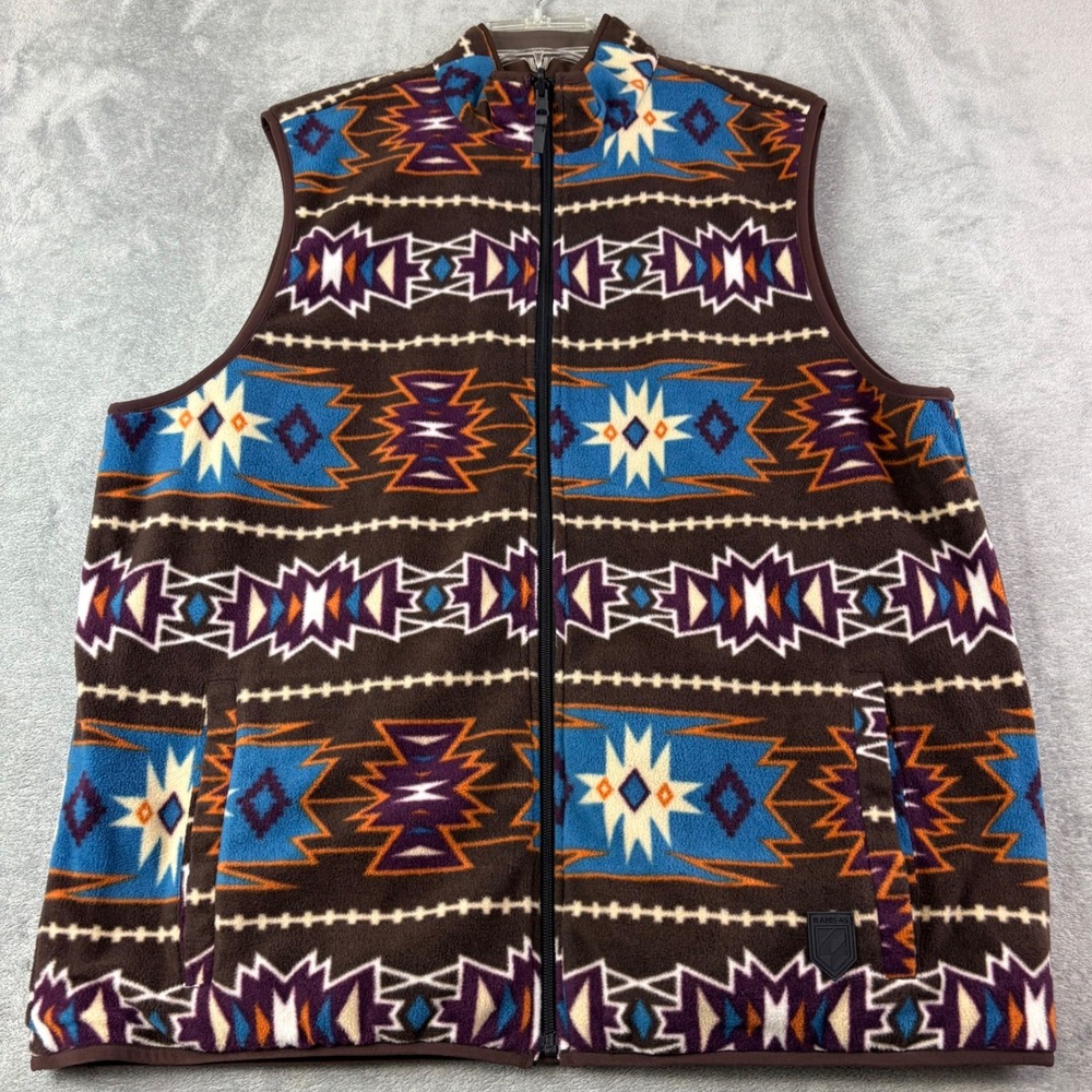 Rank 45 XL Brown Aztec Reversible Fleece Softshell Full Zip Vest Western Outdoor